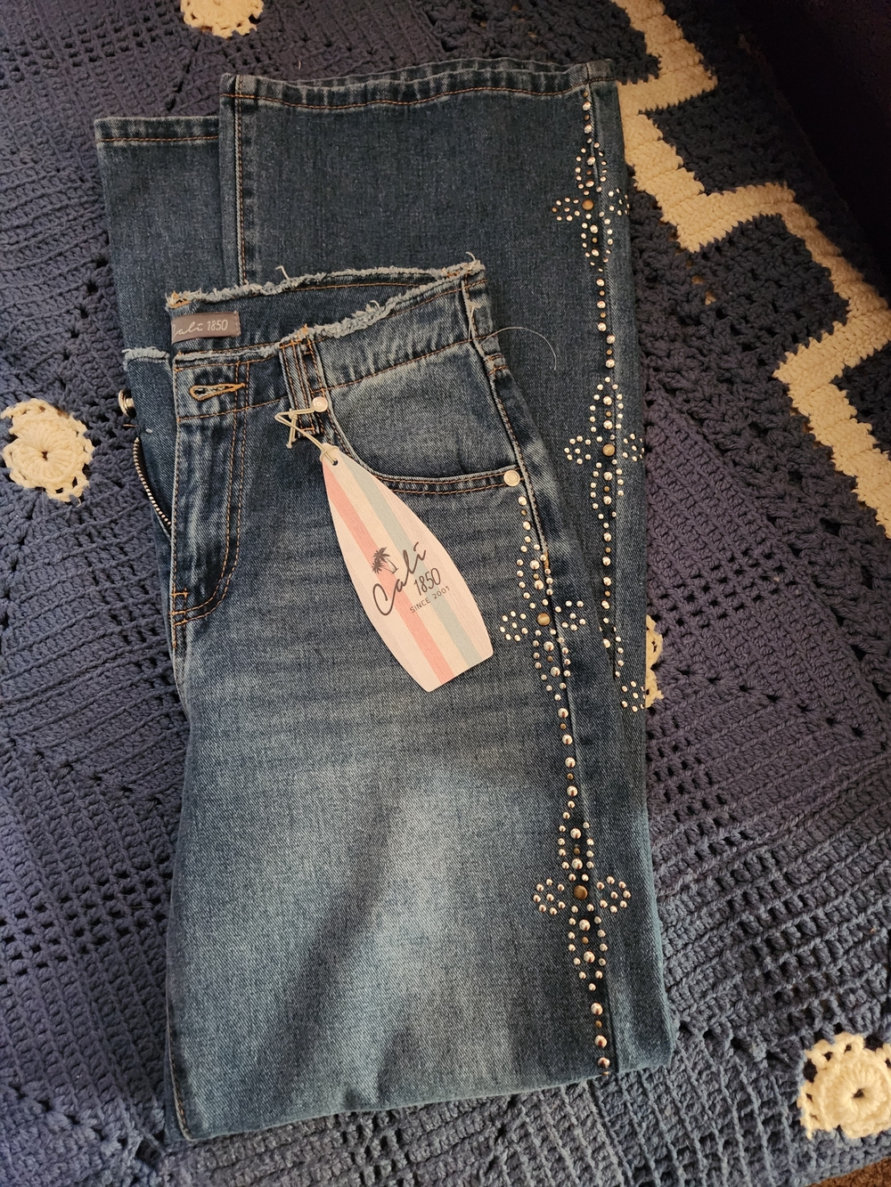 Women's Blue Embellished Wide Leg Jeans - Picture 3 of 8